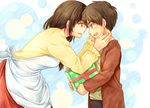  1girl apron blush brown_hair carla_yeager eren_yeager faux_traditional_media gift long_hair mother_and_son motherly moxue_qianxi shingeki_no_kyojin skirt 