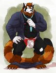  4_toes 5_fingers absurd_res anthro black_nose bulge claws clothed clothing darkstalkers eyewear glasses hairy half-dressed hand_on_thigh hi_res kougatalbain male mammal muscular necktie pecs red_panda smile solo standing striped_tail suit toes underwear video_games wfa 