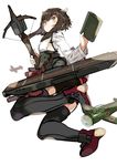  aircraft airplane bike_shorts blush bow_(weapon) brown_eyes brown_hair crossbow from_below headband headgear holding holding_weapon jumping kantai_collection karei looking_at_viewer looking_down pleated_skirt red_skirt short_hair shorts shorts_under_skirt simple_background skirt solo taihou_(kantai_collection) thighhighs weapon white_background 