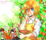  2015 2boys apron armin_arlert black_hair blonde_hair blue_eyes bowl brown_hair chibi dated day eren_yeager hammer mikasa_ackerman moxue_qianxi multiple_boys no_eyes shaded_face shingeki_no_kyojin short_hair tomato twitter_username 