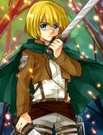  armin_arlert belt blonde_hair blue_eyes emblem jacket male_focus moxue_qianxi paradis_military_uniform shingeki_no_kyojin solo three-dimensional_maneuver_gear uniform weapon 