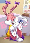  anthro artie babs_bunny bed bow bulge clothing duo female fur ishoka lagomorph macro mammal pants pink_fur presenting rabbit raised_leg sitting smile tiny_toon_adventures underwear warner_brothers white_panties 