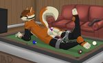  2015 4_toes anthro balls bdsm billiards bit_gag bondage bound brown_fur brown_hair butt canine clothed clothing digital_media_(artwork) dingo dr_zombie fur gag hair handcuffs hindpaw inside leggings legwear looking_at_viewer lying male mammal multicolored_fur on_front paws penis pillow pool_table rubber sex_toy shackles smile sofa solo spreader_bar toes two_tone_fur vibrator watermark white_fur 