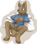  anthro balls blue_eyes blush bottomless brown_fur canine censored clothed clothing cub erection fur half-dressed hi_res humanoid_penis male mammal partially_retracted_foreskin penis precum simple_background sitting uncut young マノレオ 