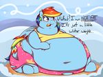  belly big_belly blue_feathers blue_fur clothed clothing english_text equine feathered_wings feathers female friendship_is_magic fur graphene hair hooves horn horse long_hair mammal multicolored_hair my_little_pony open_mouth outside overweight pegasus pony rainbow_dash_(mlp) rainbow_fur rainbow_hair snow solo text wings 