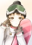  beanie brown_eyes brown_hair glasses gloves goggles goggles_on_headwear hat jacket kantai_collection momin pince-nez roma_(kantai_collection) short_hair snowboard solo 