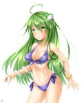  :o ahoge animal artist_name bare_shoulders bikini blue_bikini blush bracelet breasts cleavage collarbone dated frog_hair_ornament front-tie_top green_eyes green_hair hair_between_eyes hair_ornament highres jewelry kochiya_sanae long_hair looking_at_viewer medium_breasts midriff navel parted_lips seiya_(iiseven) side-tie_bikini simple_background snake solo standing stomach swimsuit touhou very_long_hair white_background 