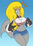  anteater anthro big_breasts blonde_hair blue_background blue_eyes blush breasts cleavage clothed clothing cutoffs denim_shorts eyewear female fur glasses gradient_background grey_fur hair hi_res jiggle long_hair mammal midriff shorts simple_background solo surprise toughset 