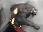  anthro biceps big_muscles black_fur black_nose canine captainjohkid clothed clothing fangs fur glowing glowing_markings grey_background half-dressed hi_res looking_at_viewer male mammal markings muscular muscular_male open_mouth pants pose simple_background solo standing topless were werewolf wolf yellow_eyes 