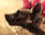  2015 blue_sclera brown_background brown_fur ear_piercing feral fur headshot_portrait hyena kenket male mammal piercing pink_fur portrait side_view simple_background smile solo teeth 