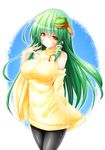  \||/ ^_^ bare_shoulders blush body_blush breasts c: closed_eyes commentary_request detached_sleeves green_hair hand_to_own_mouth highres impossible_clothes kochiya_sanae large_breasts long_hair looking_at_viewer osashin_(osada) pantyhose ribbed_sweater scarf smile solo straight_hair sweater touhou very_long_hair wide_sleeves yellow_eyes 