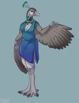  2015 anthro avian beauty_mark bird breasts claws cleavage clothed clothing dbd digitigrade dress feathers female green_eyes jewelry necklace peafowl simple_background solo wings 