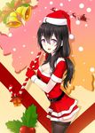  :d ahoge ass bad_id bad_pixiv_id beifeng_han bell belt black_hair black_legwear breasts candy candy_cane christmas cleavage cleavage_cutout food gift gloves hair_between_eyes hat holding holding_candy_cane holly long_hair looking_at_viewer medium_breasts miyaura_sanshio open_mouth original purple_eyes red_gloves reindeer santa_hat silhouette sleigh smile solo thighhighs 