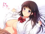  black_hair blush breasts covered_nipples hair_ribbon heartbeat large_breasts lying navel neko_kuruto on_back open_clothes open_shirt original purple_eyes ribbon school_uniform shirt skirt smile solo 