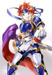  armor blue_armor blue_eyes blue_ribbon cape fingerless_gloves fire_emblem fire_emblem:_fuuin_no_tsurugi gloves gradient_hair headband holding_cape looking_at_viewer male_focus multicolored_hair noki_(affabile) pants red_hair ribbon roy_(fire_emblem) solo super_smash_bros. sword weapon 