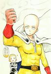  abs absurdres bald belt blonde_hair cape commentary_request crossed_arms crossover fire_emblem fire_emblem_if gloves highres male_focus male_my_unit_(fire_emblem_if) marker_(medium) mehonobu_g multiple_boys my_unit_(fire_emblem_if) one-punch_man red_gloves saitama_(one-punch_man) smoke traditional_media translation_request 