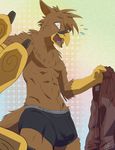  2014 abs abstract_background anthro avian beak blush boxer_briefs brown_feathers brown_fur brown_hair bulge clothed clothing embarrassed feathers fur gothwolf gryphon hair half-dressed hi_res hoodie looking_at_viewer low-angle_shot male open_mouth solo sweat talons topless underwear 