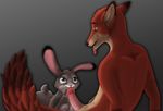  2015 all_fours anthro bedroom_eyes breasts canine cute disney duo erection female fox fur green_eyes grey_fur half-closed_eyes imminent_oral judy_hopps lagomorph male male/female mammal nick_wilde nipples nude orange_fur penis purple_eyes rabbit seductive simple_background sitting_up size_difference smile tan_fur teasing tongue tongue_out zeiden_(artist) zootopia 