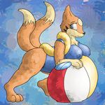  anthro beach_ball black_nose breasts clothed clothing female floatzel flygon_(artist) fur grey_eyes half-dressed hi_res looking_at_viewer mammal mustelid nintendo nipples one-piece_swimsuit orange_fur otter outside pok&eacute;mon posexe rubber smile solo swimsuit video_games 