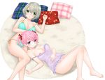  bare_legs bottomless bra breasts brown_hair cleavage covered_navel green_eyes large_breasts lying multiple_girls navel nightgown on_back original ozaki_mirai panties pillow pink_hair purple_eyes short_twintails twintails underwear underwear_only 