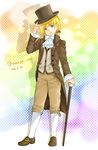  armin_arlert blonde_hair blue_eyes cane cravat full_body hat male_focus moxue_qianxi shingeki_no_kyojin smile solo top_hat 