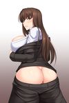  ass bangs belt blunt_bangs blush breasts brown_eyes brown_hair butt_crack formal from_behind frown girls_und_panzer gradient gradient_background highres large_breasts long_hair long_sleeves looking_at_viewer looking_back mature nishizumi_shiho pants pants_pull shirt shuugetsu_karasu sideboob simple_background solo suit undressing very_long_hair white_background white_shirt 