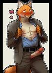  &lt;3 abs blush canine colored erection fox hi_res male mammal maririn muscular pecs penis simple_background solo teasing 