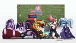  2015 blanket book chalkboard clothing cup equestria_girls equine eyewear female friendship_is_magic glasses group hi_res hoodie horn legwear mammal moondancer_(mlp) my_little_pony ncmares pillow sleeping socks starlight_glimmer_(mlp) sunset_shimmer_(eg) tired trixie_(mlp) twilight_sparkle_(mlp) unicorn winged_unicorn wings 