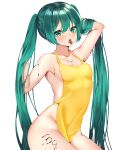  1girl absurdres apron arm_up bangs bare_arms breasts candy ch_r_y chocolate collarbone covered_navel food green_eyes green_hair hair_between_eyes hand_in_own_hair hatsune_miku heart heart-shaped_chocolate highres long_hair naked_apron open_mouth shiny shiny_hair simple_background sitting small_breasts solo tongue tongue_out twintails very_long_hair vocaloid white_background yellow_apron 