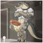  2015 aaron_(artist) balls bottomless clothed clothing erection half-dressed male penis reptile scalie solo uncut 