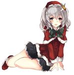  alternate_costume aran_sweater capelet christmas hat kantai_collection kashima_(kantai_collection) kinona long_hair red_capelet santa_costume santa_hat silver_hair skirt smile solo sweater twintails wavy_hair 