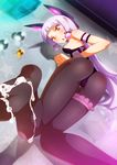  ass breasts cum cum_on_body cum_on_lower_body highres kantai_collection long_hair murakumo_(kantai_collection) pantyhose purple_hair rbx_lamen reflection small_breasts solo 