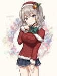  alternate_costume aran_sweater blue_eyes breasts capelet christmas commentary_request kantai_collection kashima_(kantai_collection) large_breasts long_hair miniskirt red_capelet santa_costume silver_hair skirt solo sweater veryberry00 