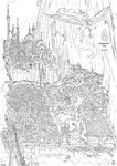  2015 absurd_res canterlot city equine female flying friendship_is_magic hi_res horn jowybean mammal maze monochrome mountain my_little_pony princess_celestia_(mlp) sketch tower winged_unicorn wings 