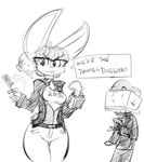  black_and_white box clothed clothing comb english_text eyewear fallout female glasses lagomorph male mammal monochrome rabbit simple_background sketch text tgwonder video_games white_background 
