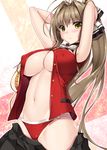  &gt;:( amagi_brilliant_park antenna_hair arms_behind_head arms_up bikini bikini_under_clothes blush breasts brown_hair commentary_request covered_nipples frown hair_intakes huge_breasts long_hair looking_at_viewer nakano_sora navel no_bra o-ring o-ring_bottom ponytail red_bikini sento_isuzu skirt skirt_pull solo stomach swimsuit swimsuit_under_clothes unbuttoned underboob v-shaped_eyebrows very_long_hair yellow_eyes 