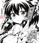  2014 :&lt; blush hair_ribbon hair_tubes hakurei_reimu kurisu_sai looking_at_viewer monochrome ofuda portrait ribbon ribbon_trim shikishi sidelocks simple_background solo touhou white_background 