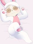  anthro bed berseepon09 black_nose blush bulge butt canine clothing costume cub eyes_closed feet hi_res hur invalid_tag lagomorph lying mammal pawpads paws rabbit simple_background smile solo young 
