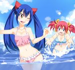  absurdres bikini blue_bikini blue_eyes blue_hair breasts brown_eyes cleavage day fairy_tail front-tie_top hair_ornament highres huge_filesize long_hair medium_breasts multiple_girls navel one_eye_closed open_mouth outdoors pink_swimsuit planeptune red_hair sheria_blendy swimsuit twintails wendy_marvell 