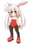  :&lt; animal_ears bare_shoulders blush bunny_ears bunnysuit child firaness full_body leotard long_hair original pantyhose pink_hair red_eyes red_leotard shoes simple_background solo twintails white_background wrist_cuffs 