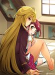  blonde_hair blush braid breasts brown_eyes hug hug_from_behind large_breasts long_hair looking_at_viewer looking_back multiple_girls niina_ryou red_eyes red_hair school_uniform shikishima_mirei sitting tokonome_mamori twin_braids twitter_username valkyrie_drive valkyrie_drive_-mermaid- very_long_hair yuri 