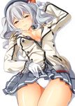  absurdres beret blush breasts buttons byte_(allbyte) epaulettes frilled_sleeves frills gloves grey_eyes grey_hair hat highres jacket kantai_collection kashima_(kantai_collection) large_breasts looking_at_viewer lying military military_uniform miniskirt on_back panties pleated_skirt sidelocks skirt smile solo twintails unbuttoned underwear uniform wavy_hair white_gloves white_panties 