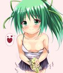  1girl absurdres areolae bare_shoulders blush breasts closed_mouth collarbone dragon duel_angel duel_monster green_eyes green_hair hair_ornament heart highres long_hair looking_at_viewer nipples petit_dragon ponytail ribbon sexually_suggestive skirt small_breasts smile solo speech_bubble wynn yuu-gi-ou 