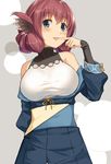  animal_ears bad_id bad_pixiv_id bare_shoulders blue_eyes blush breasts brown_hair cccpo detached_sleeves finger_licking finger_to_mouth gauntlets highres japanese_clothes large_breasts licking looking_at_viewer nosuri obi sash solo tongue tongue_out utawareru_mono utawareru_mono:_itsuwari_no_kamen 