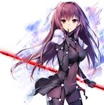  bodysuit breasts fate/grand_order fate_(series) finger_to_mouth holding large_breasts long_hair looking_at_viewer pauldrons polearm purple_bodysuit purple_hair red_eyes scathach_(fate)_(all) scathach_(fate/grand_order) skin_tight skindentation smile solo spear tsuedzu weapon 