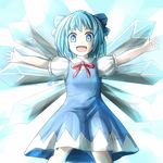  :d ao-shiba blue_eyes blue_hair bow cirno hair_bow ice ice_wings incoming_hug open_mouth outstretched_arms short_hair smile solo touhou wings 