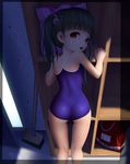  ass bag black_hair brush changing_room cleaning_brush competition_school_swimsuit door from_behind hair_bobbles hair_ornament henkyuu kneepits long_hair looking_back one-piece_swimsuit open_mouth original red_eyes school_swimsuit shelf solo swimsuit twintails 