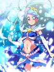  blue blue_background blue_eyes blue_hair blue_shirt blue_skirt blush commentary_request cure_mermaid detached_sleeves earrings eyelashes go!_princess_precure hair_ornament highlights jewelry kaidou_minami long_hair looking_at_viewer magical_girl midriff multicolored_hair navel ponytail precure purple_hair seashell seashell_earrings serious shell shirt skirt solo standing streaked_hair tj-type1 two-tone_hair very_long_hair wrist_cuffs 