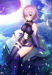  anklet armor bare_shoulders benitsuki_tsubasa black_gloves blush breasts elbow_gloves fate/grand_order fate_(series) gloves groin hair_over_one_eye highres jewelry large_breasts legs looking_at_viewer mash_kyrielight navel navel_cutout over-kneehighs petals pink_hair purple_eyes purple_skirt rock short_hair sitting skirt soaking_feet solo stomach thighhighs water 