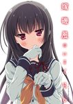  2015 blush brown_hair buttons frown gloves hair_ribbon hand_to_own_mouth head_tilt isokaze_(kantai_collection) jewelry kantai_collection long_hair long_sleeves neckerchief odawara_hakone red_eyes red_ribbon ribbon ring shirt simple_background solo sweatdrop upper_body very_long_hair white_background white_gloves white_shirt yellow_ribbon 